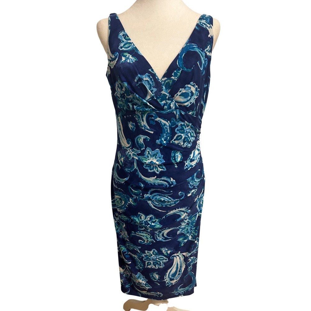 Lauren Ralph Lauren 10 Blue Paisley stretch knit‎ faux wrap v neck no iron dress